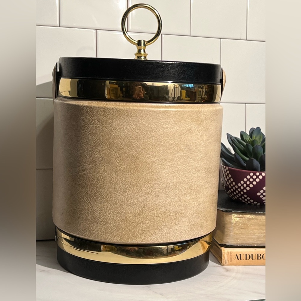 Shelton Ware Vintage Black and Gold Ice Bucket Vegan Leather Design 1960's